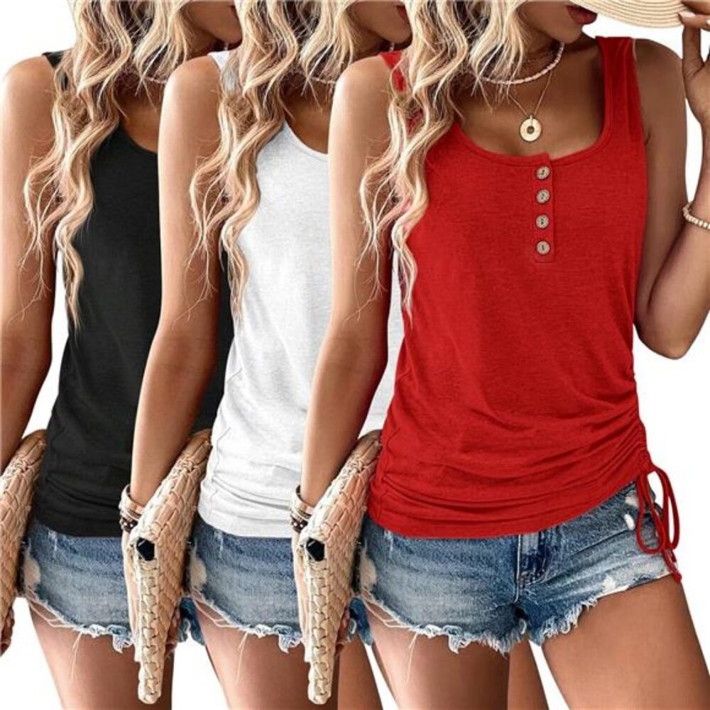 3 Pack Women Tank Tops U Neck Summer Casual Sleeveless Loose Button Casual